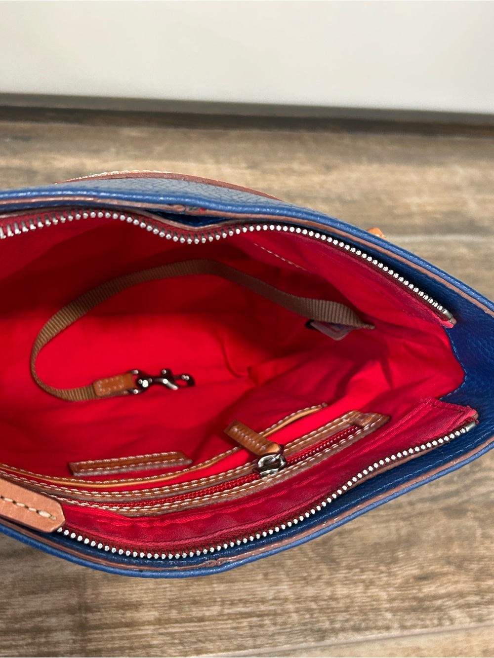 Dooney & Bourke Blue Pebble Leather Crossbody with Tan Trim and Tassel Pockets - Picture 7 of 14